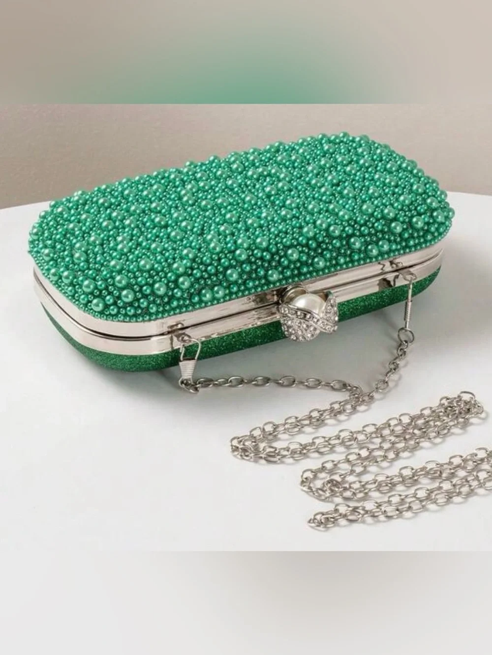 Pearl & Crystal Embellished Clutch - Gree